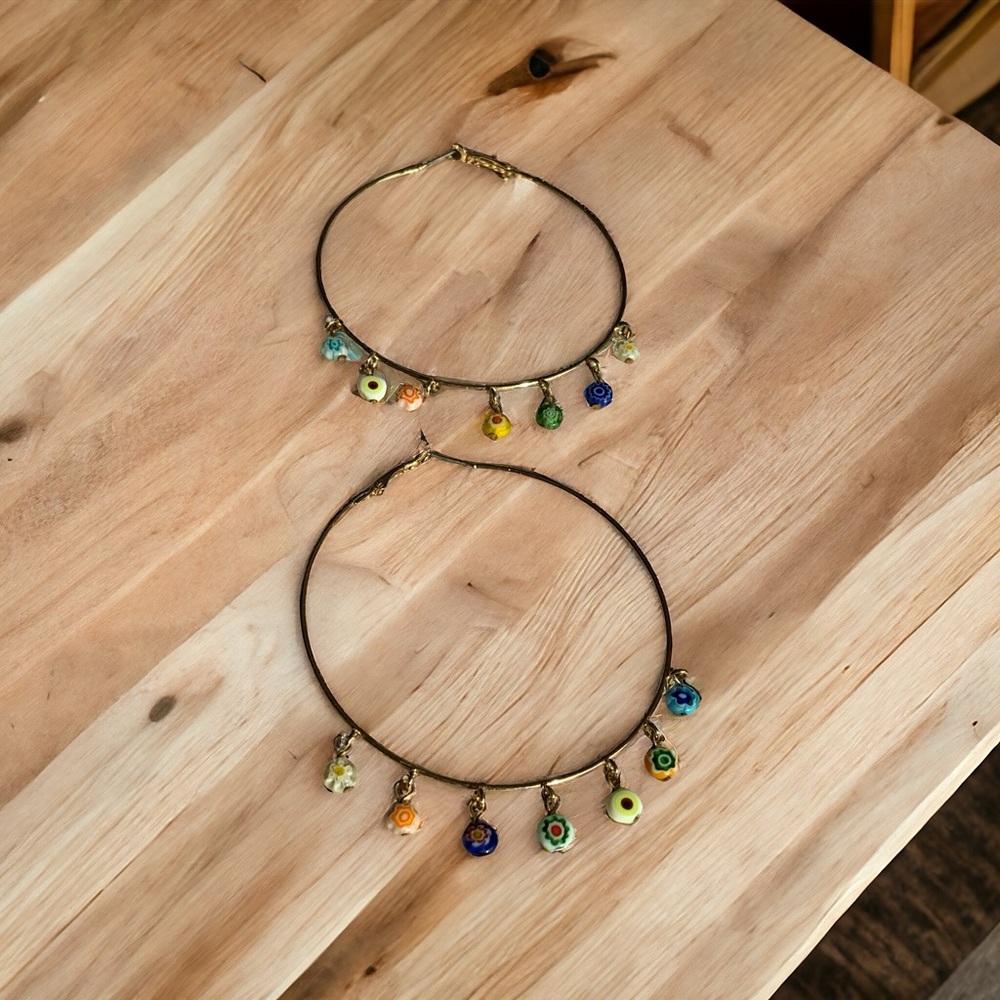 Large gold tone millifiore earrings